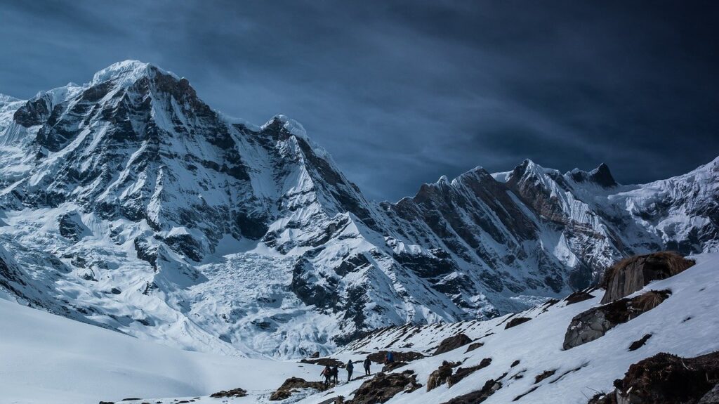 mountains, snow, mountaineers